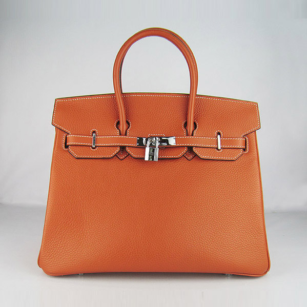 High Quality Fake Hermes 35CM Embossed Veins Leather Bag Orange 6089